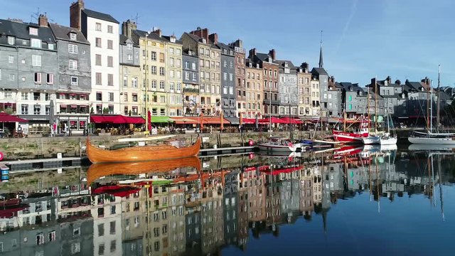 France, Normandy, Aerial view of Honfleur and its picturesque harbour, old basin and the quai Sainte Catherine