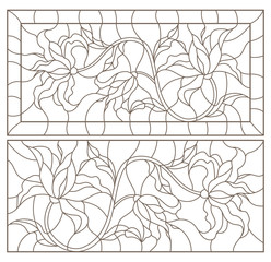 Set of contour illustrations of stained glass Windows with branches of Lily flowers, dark contours on a white background