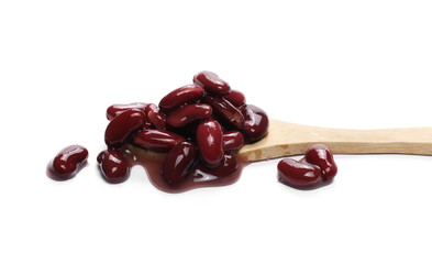 cooked red kidney beans in wooden spoon isolated on white background  