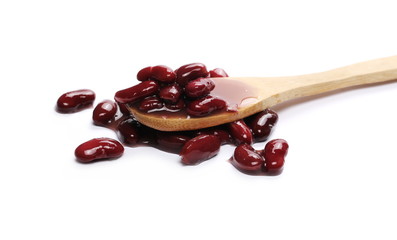 cooked red kidney beans in wooden spoon isolated on white background  