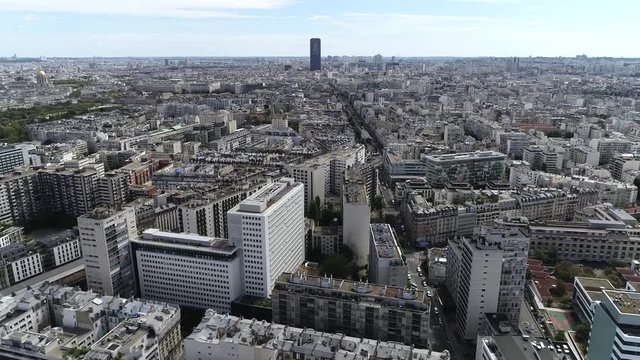 Aerial footage of Paris France also showing Maine-Montparnasse Tower in background is an office skyscraper located in the Montparnasse area constructed from 1969 to 1973 4k high resolution quality