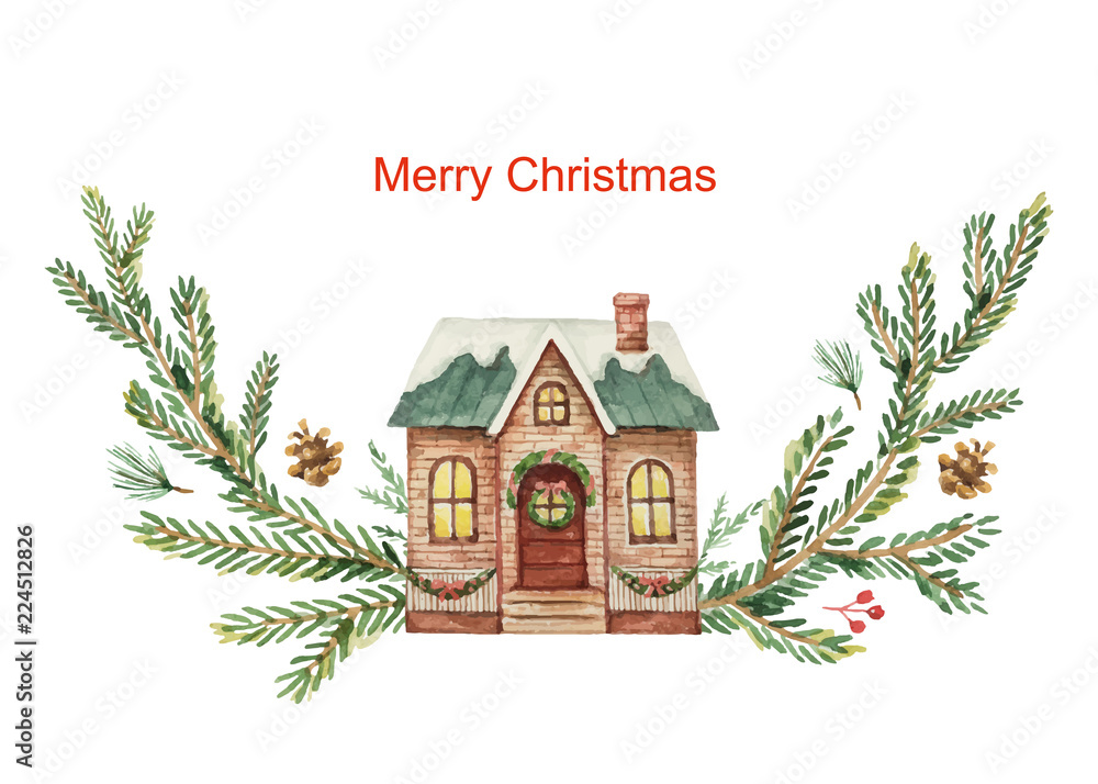 Wall mural Watercolor vector greeting card with Christmas house, spruce branches and gifts.