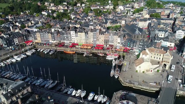 France, Normandy, Aerial view of Honfleur and its picturesque harbour, old basin and the quai Sainte Catherine