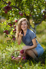 Young farmer lady picking apples