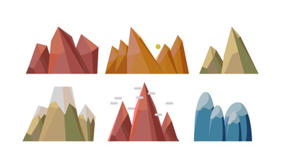 Flat vectoe set of different rocky mountains. Nature landscape elements for mobile game background