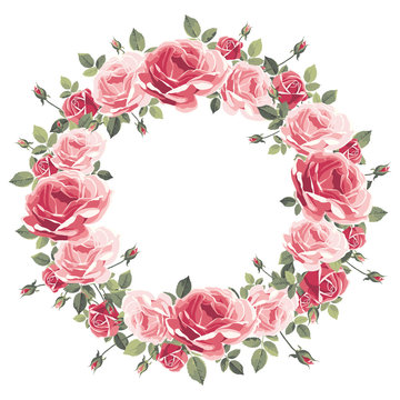 Wreath Of Vintage Pink Roses On A White Background. Vector