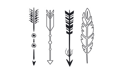 Tribal arrows set, black vintage arrows and feathers vector Illustrations on a white background