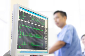 The doctor check heart rate and pulse of patient by running test for protect the heart attack.