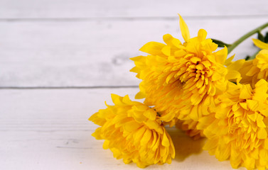 bouquet of yellow flowers on wooden background