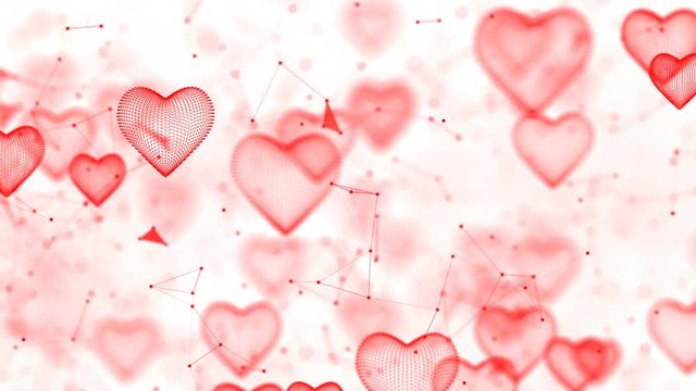 Interconnection of Hearts. The Day of the Holy Valentine. Background with hearts. Focussing on three-dimensional images of hearts. White background.