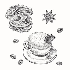 Marshmallow, cup of coffee and star anise, hand drawn doodle, drawing, sketch, black and white vector outline illustration