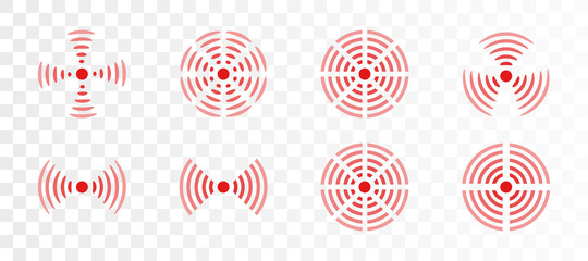 Vector set of red rings icon for medical design illustration. Pain circle to mark painful body parts on transparent background