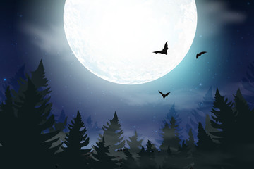 Naklejka premium Blue dark Night sky background with full moon, clouds and stars