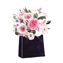 Watercolor hand-painted shopping bag with peony flowers bouquet illustration on white background