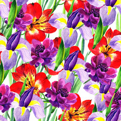 Seamless pattern with beautiful flowers in watercolor style