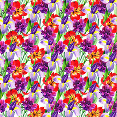 Seamless pattern with beautiful flowers in watercolor style