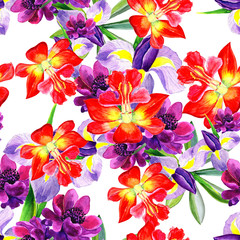 Bouquet of flowers, watercolor. Seamless pattern. beautiful flowers on a white background. 