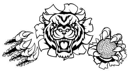 A Tiger angry animal sports mascot holding a golf ball and breaking through the background with its claws