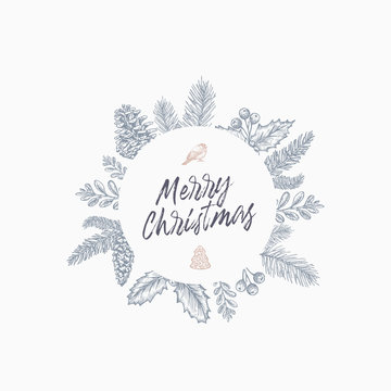 Merry Christmas Abstract Greeting Card with Round Banner Frame and Lettering. Pastel Colors Sketch Drawing Layout.