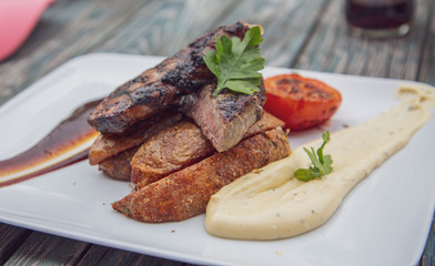 grilled beef steak with vegetables