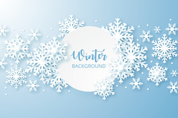 Hello Winter design background. Origami snowfall. Vector Illustration.