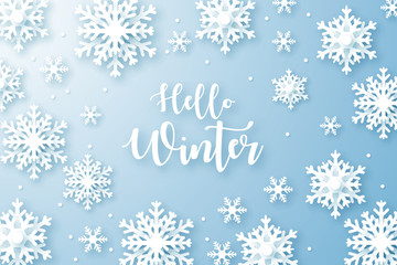 Fototapeta na wymiar Hello Winter design background. Origami snowfall. Vector Illustration.