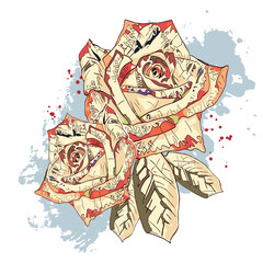 Beautiful abstract rose flowers with colorful bright ornament. Hand drawn sketch. Vector illustration. Print for textile.