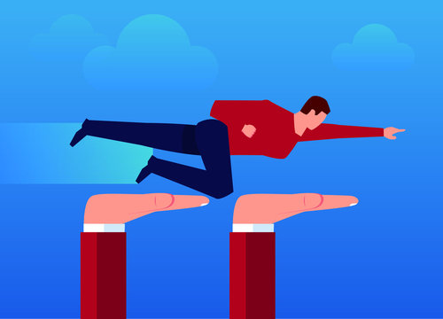 Huge hand helps businessman fly