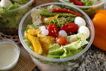Fresh vegetable salad in an open plastic bowl packing