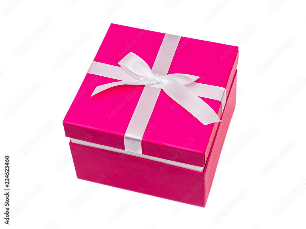 Wall mural Pink gift box with ribbon bow. Holiday present