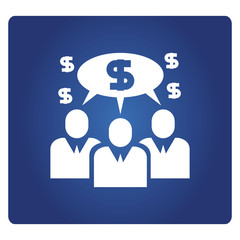group of people and money speech bubble in blue background