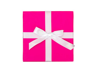 Top view of pink gift box with ribbon isolated