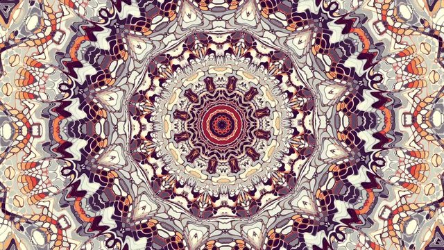 Transforming ornamental vintage mosaic art circle. Round ornate ornamental mandala pattern. Seamless loop footage.