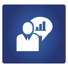 business man and bar chart in speech bubble icon in blue background