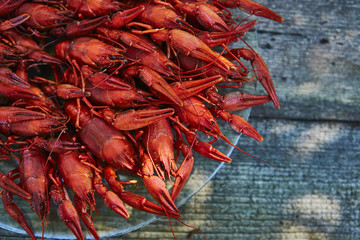 Crawfish cooked and served on wooden background