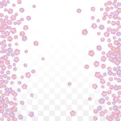 Blue Vector Realistic Blue Petals Falling on Transparent Background.  Spring Romantic Flowers Illustration. Flying Petals. Sakura Spa Design. Blossom Confetti. Design Elements for Wedding Decoration.