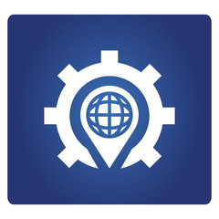 globe pin and gear icon in blue background