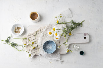 Chamomile flowers, globules, tea and salve made of chamomile