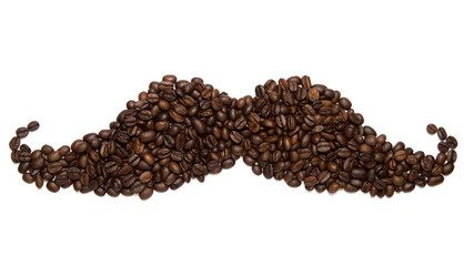 Big moustache icon / symbol/ sign made of roasted coffee beans isolated on white background. 