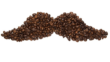 Big moustache icon / symbol/ sign made of roasted coffee beans isolated on white background. 