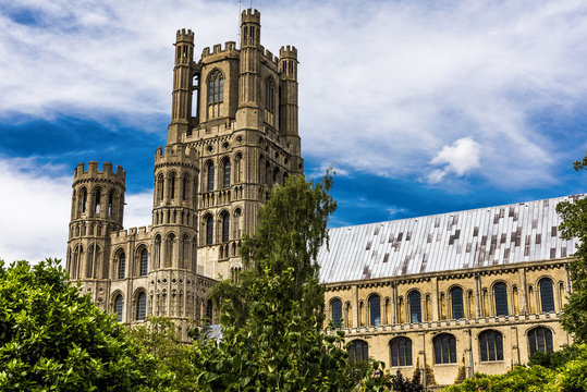 The beautiful Ely Cathedral, often know as 'the Ship of the Fens' because of its prominent position above the surrounding flat landscape towers over the streets of the picturesque city of Ely.