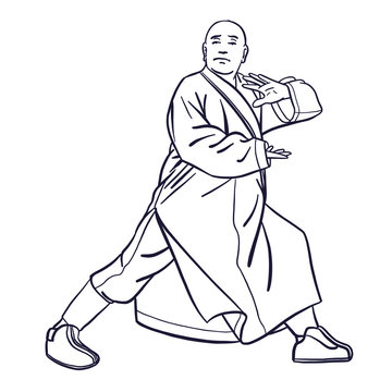  outline Chinese vector shaolin monk in black and withe in kung fu pose, wearing an orange traditional dress