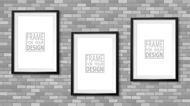Frame on the wall. Photoframe mock up. Simple empty framing for your business design. Brick wall. Vector template for picture, painting, poster, lettering or photo gallery.