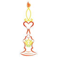 Burning candle in the shape of a symbolic fish, a candlestick with a heart and a flower