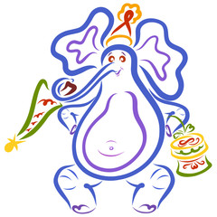 Funny dancing elephant with a Christmas tree and a gift