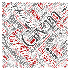 Vector conceptual healthy living positive nutrition sport square red word cloud isolated background. Collage of happiness care, organic, recreation workout, beauty, vital healthcare spa concept