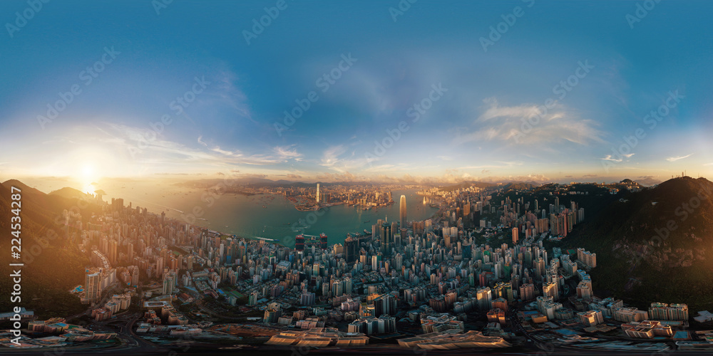 Poster 360 panorama by 180 degrees angle seamless panorama view of downtown hong kong city at sunset. skybo
