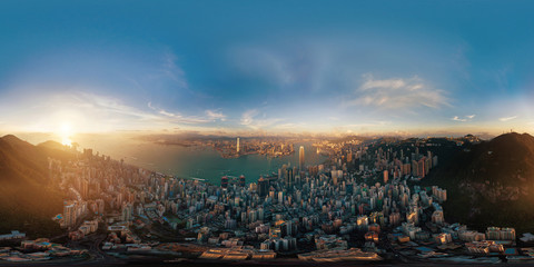 360 panorama by 180 degrees angle seamless panorama view of Downtown Hong Kong City at sunset....