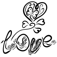 Creative word Love and balloon in the shape of heart with a butterfly