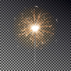 Bengal fire. New year sparkler candle isolated on transparent background. Realistic vector light eff - obrazy, fototapety, plakaty